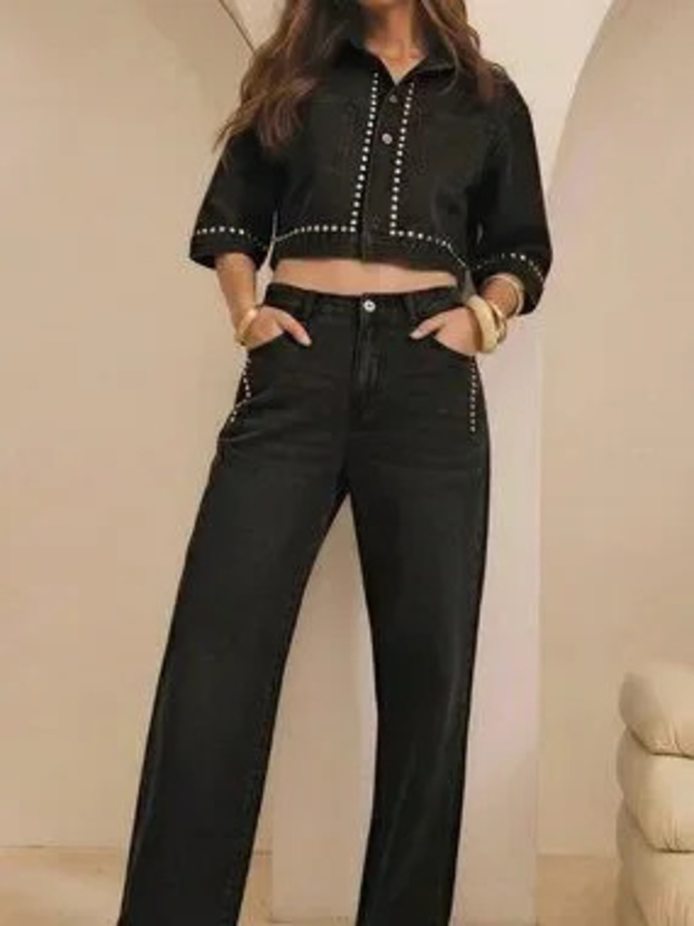 ZARA Black Casual Women's Studded Cropped Jacket